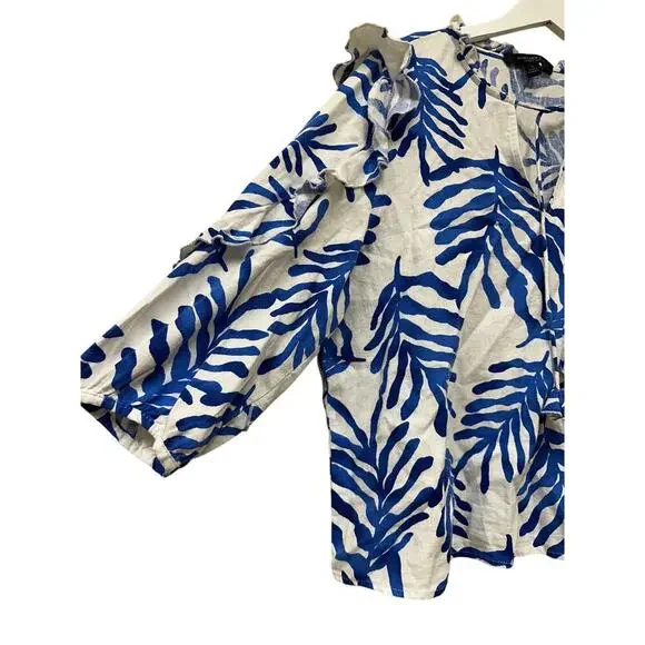 Size Large Linen Blend Resort Blue Boho Tropical Pool Vacation Ruffle Blouse Top - Picture 3 of 11